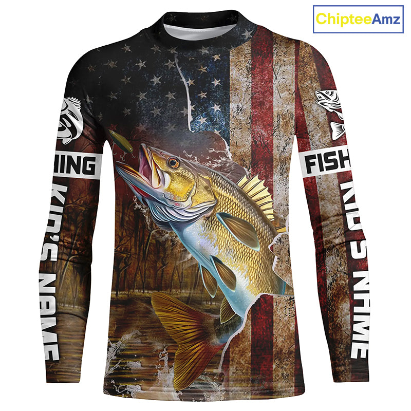 Personalized American Flag Walleye Fishing Shirts,Vintage Patriotic Walleye Fishing Apparel IPHW5734
