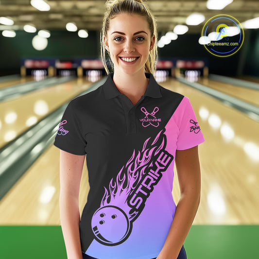 Blue, Purple And Pink Custom Strike Bowling Women Polo Shirts, Bowling Team Bowler Outfit IPHW8826