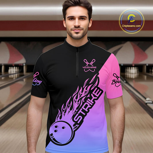Blue, Purple And Pink Custom Strike Bowling Men Quarter-Zip Shirt, Bowling Team Shirt Bowler Outfit IPHW8826