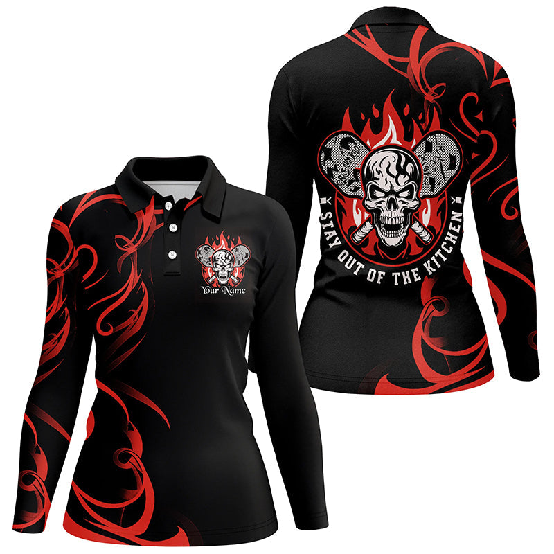 Custom Flame Skull Pickleball Polo Shirts For Women's "Stay Out Of The Kitchen" | Red IPHW6909
