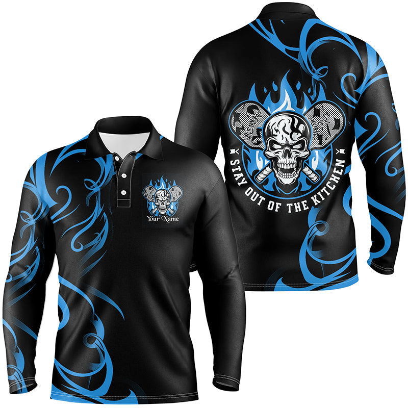 Custom Flame Skull Pickleball Polo Shirts For Men Sayings "Stay Out Of The Kitchen" | Blue IPHW6910