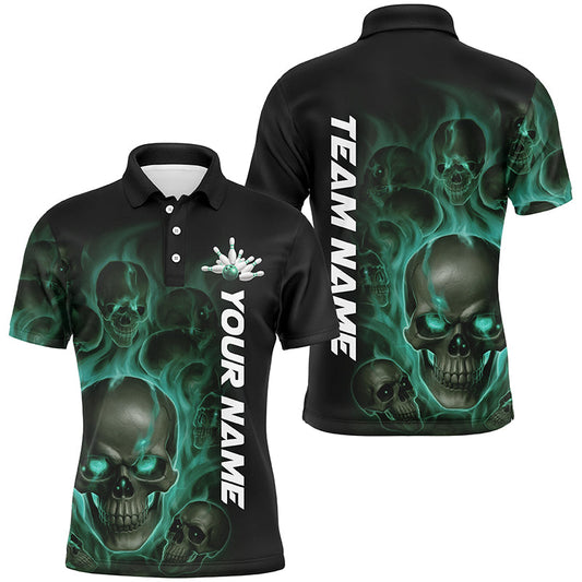 Green Smoke Flame Custom Skull Bowling Shirts For Men, Bowling Team Uniform Halloween Outfit IPHW7393