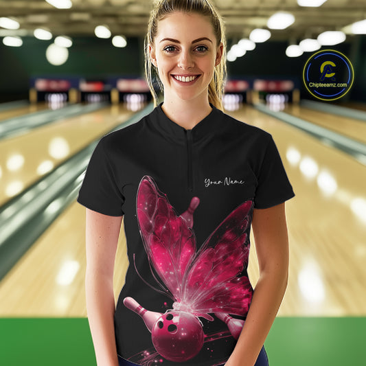 Custom Pink Galaxy Butterfly Bowling Women Quarter-Zip Shirts, Ladies Bowling Outfit IPHW10942
