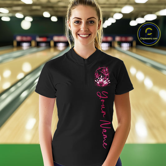 Custom Pink Butterfly Bowling Women Quarter-Zip Shirts With Team Name, Bowling Uniform IPHW10945