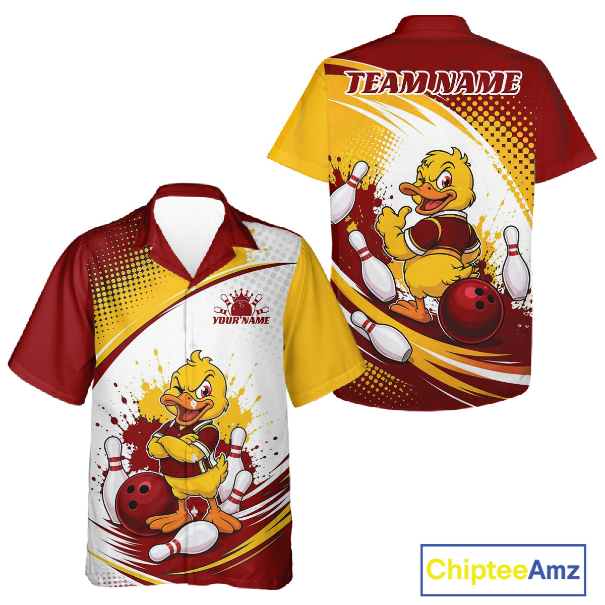 Custom Red And Yellow Funny Duck Bowling Team Men And Women Button Up Shirt, Bowling Jersey IPHW11858