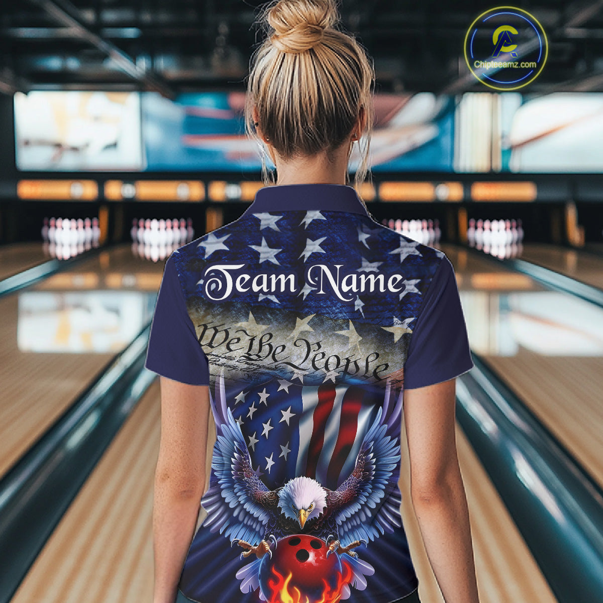 Customized Eagle Bowling Shirt Patriotic Polo Bowling Jersey For Women US Bowling | Blue IPHW7110
