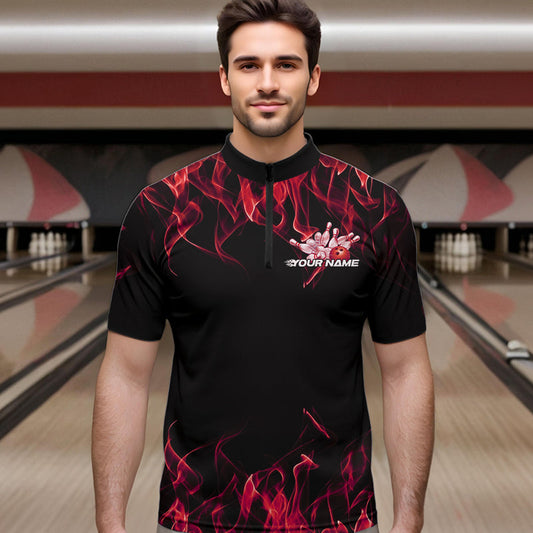 Custom Black And Red Flame Cobra Snake Bowling Quarter-Zip Shirts For Men, Bowling Team Uniform IPHW8570
