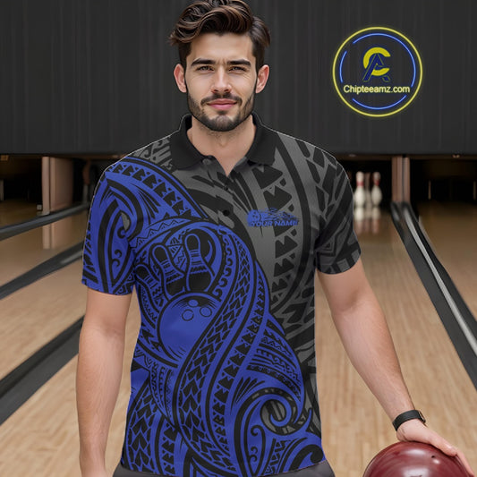 Custom Black And Blue Maori Style Koru Spiral Tribal Men Bowling Polo Team Shirt IPHW10952