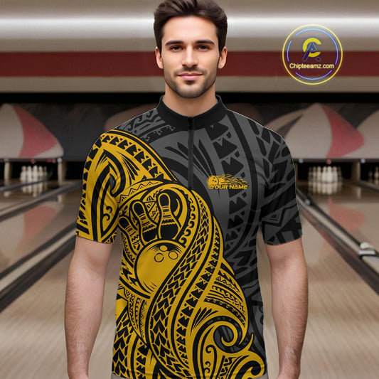 Custom Black And Yellow Maori Style Koru Spiral Tribal Men Bowling Quarter-Zip Team Shirt IPHW10953