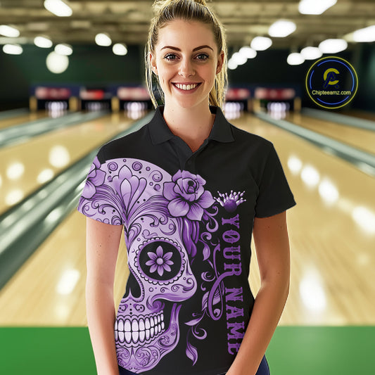 Purple Sugar Skull Tattoo Custom Women Bowling Polo Shirt, Halloween Team Bowling Jerseys IPHW10722