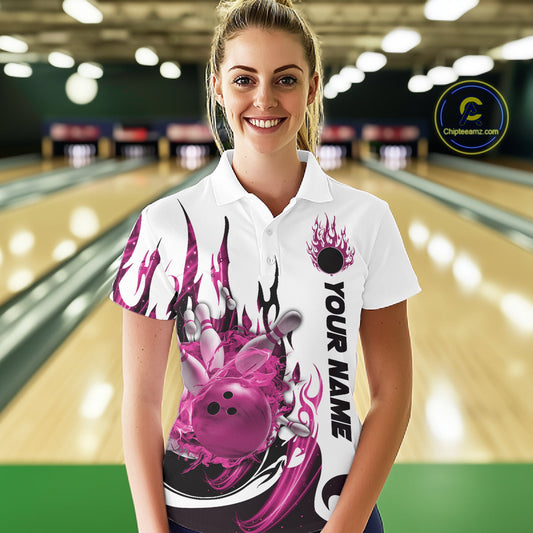 Custom Pink Flame Bowling Team Jerseys, Bowling League Polo Shirt For Women IPHW10726