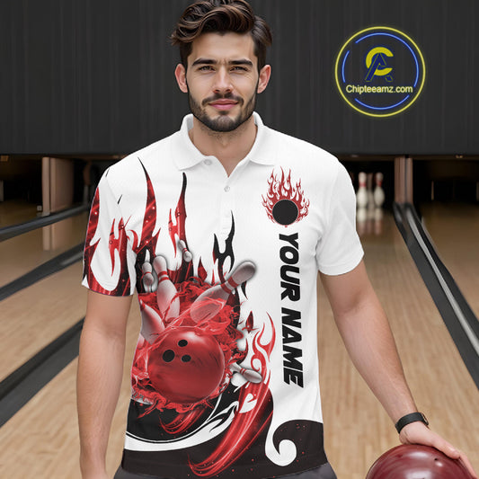 Custom Red Flame Bowling Team Jerseys, Bowling League Polo Shirt For Men IPHW10727
