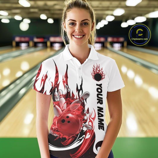 Custom Red Flame Bowling Team Jerseys, Bowling League Polo Shirt For Women IPHW10727