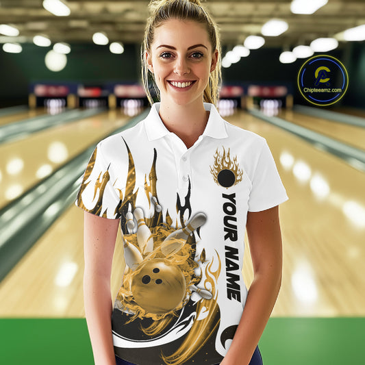 Custom Yellow Flame Bowling Team Jerseys, Bowling League Polo Shirt For Women IPHW10728