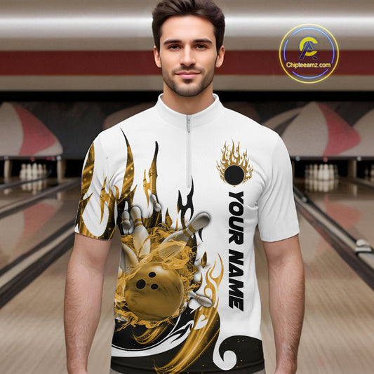 Custom Yellow Flame Bowling Team Jerseys, Bowling League Quarter-Zip Shirt For Men IPHW10728