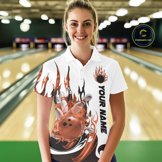 Custom Orange Flame Bowling Team Jerseys, Bowling League Polo Shirt For Women IPHW10729