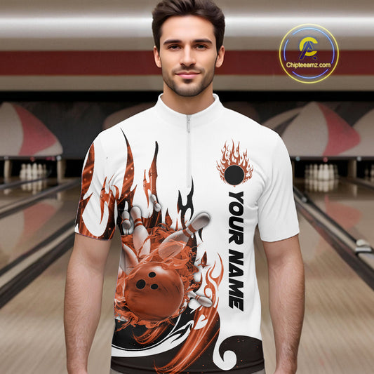 Custom Orange Flame Bowling Team Jerseys, Bowling League Quarter-Zip Shirt For Men IPHW10729