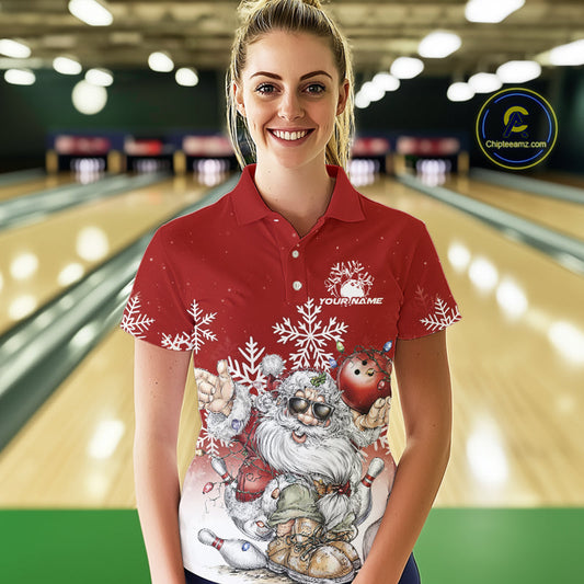 Custom Funny Santa Claus Christmas Bowling Women Polo Shirts, Xmas Bowling Team Shirt IPHW10108