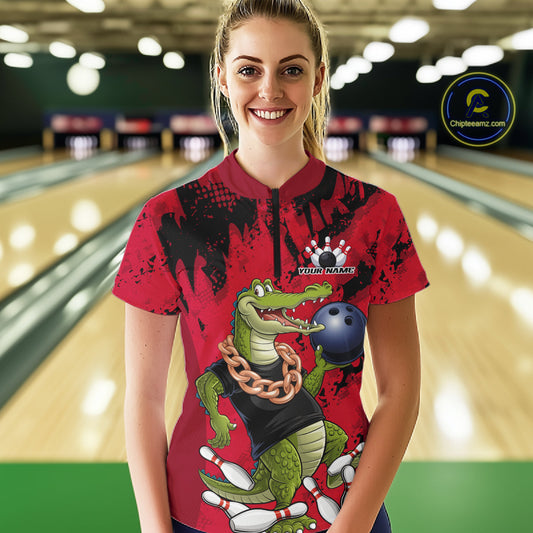 Red Custom Funny Alligator Bowling Women Shirt, Bowling Team Jerseys Bowler Outfit IPHW10772
