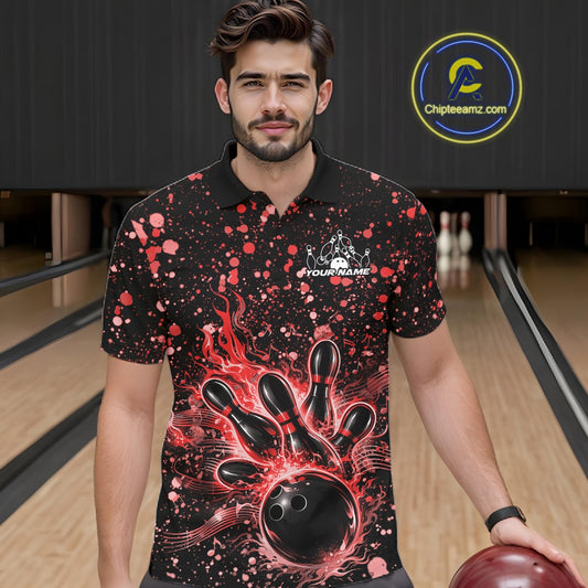 Male model wearing a black bowling polo shirt at the bowling lane with red splatter accents and bowling strike graphics.