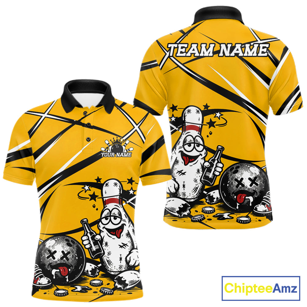 Yellow polo shirt with funny drunk bowling ball and pins cartoon design