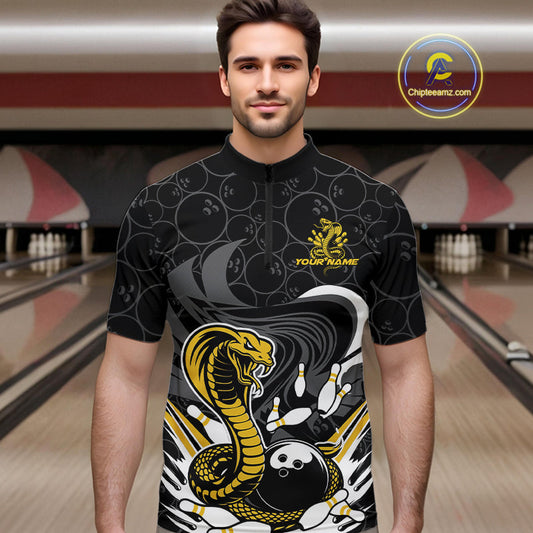 Custom Black And Yellow Cobra Snake Bowling Quarter-Zip Shirts For Men, Cobra Bowling Team Shirt IPHW9699