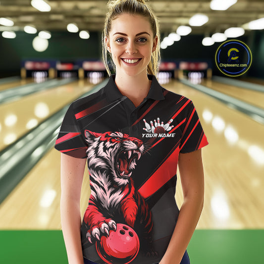 Custom Black And Red Tiger Bowling Team Women Shirt, Bowling League Shirt Bowler Uniform IPHW10775