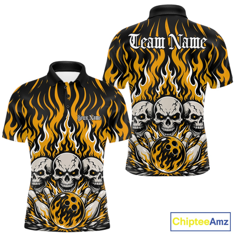 Personalized black-and-Yellow bowling polo with dramatic flame patterns, three skulls, bowling pins, a front chest name, and ornate team name lettering on the back.