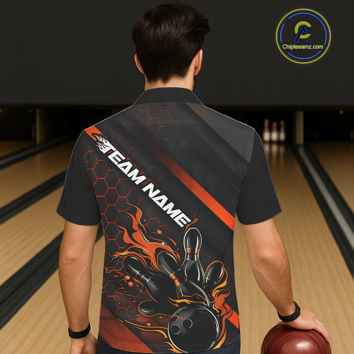 Custom Black And Orange Flame Bowling Hawaiian Shirts For Men, Bowling Team Bowling League Shirts IPHW7508