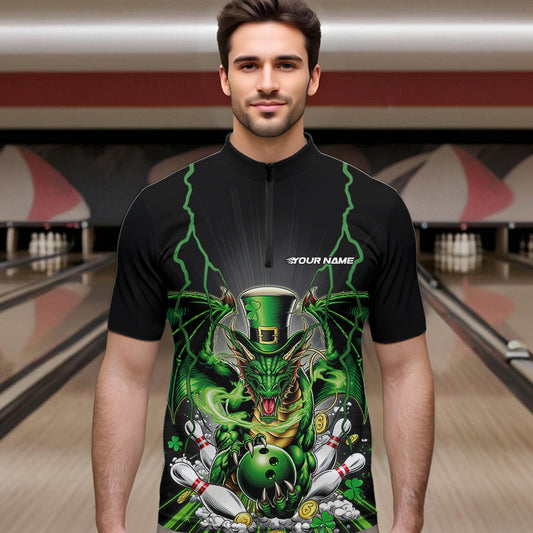 Custom Black And Green St Patricks Dragon Bowling Quarter-Zip Shirts For Men, Lucky Dragon Bowling IPHW8609