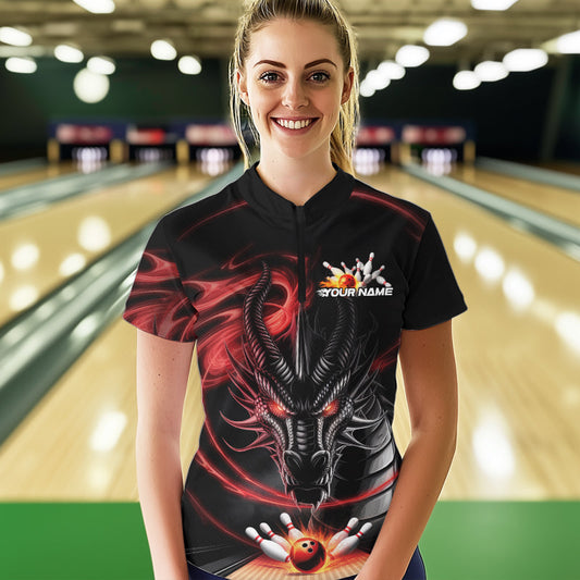 Custom Black And Red Flame Dragon Bowling Women Quarter-Zip Shirts, Bowling League Shirt IPHW8911