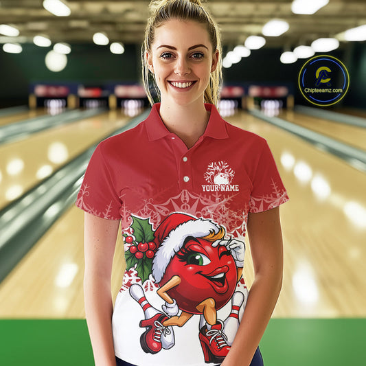 Custom Cute Funny Ladies Christmas Bowling Polo Shirts, Women Team Xmas Bowling Outfit IPHW10135