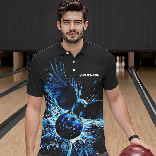 Black And Blue Eagle Break Glass Custom Bowling Polo Shirts For Men, Bowling Team Shirt IPHW8398