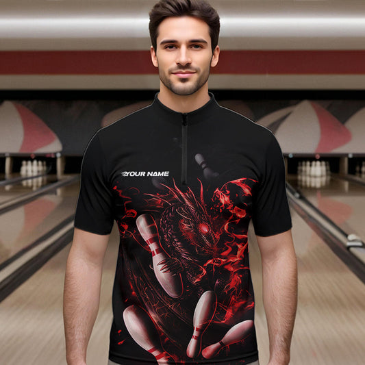 Custom Black And Red Flame Dragon Bowling Quarter-Zip Shirts For Men, Bowling Tournament Team Shirt IPHW8415