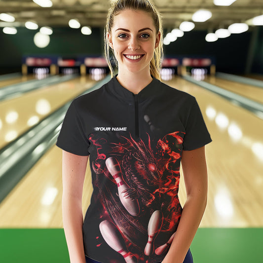 Custom Black And Red Flame Dragon Bowling Womens Quarter-Zip Shirts, Bowling Team Shirt IPHW8415