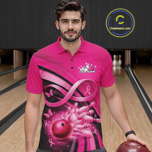 Male model in a bowling lane wearing a pink polo shirt with awareness ribbons, butterflies, and bowling graphic design.