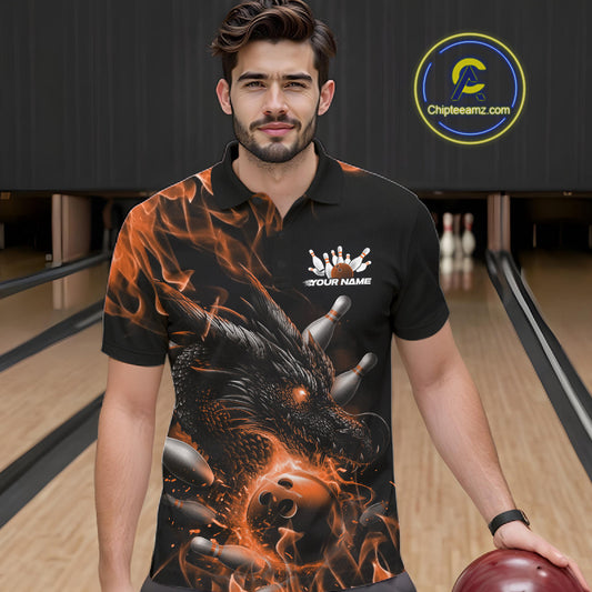 Custom Black And Orange Flame Dragon Bowling Men Polo Shirt, Dragon Bowling League Shirt IPHW10275