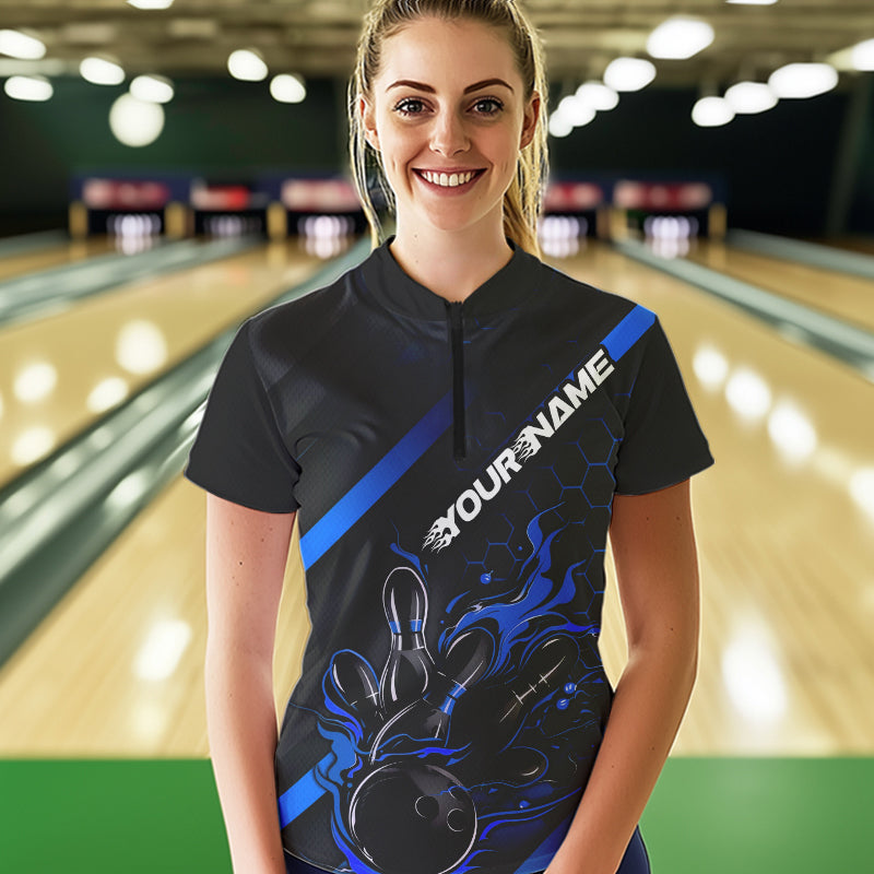 Custom Black And Blue Flame Bowling Shirts For Women, Bowling Team Bowling League Shirts IPHW7212