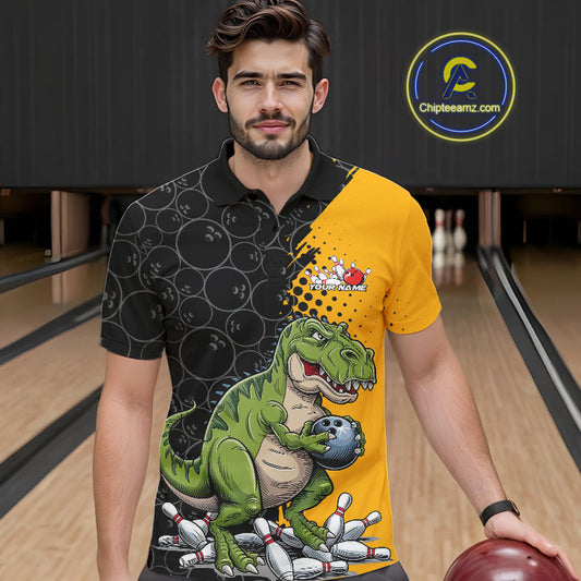 Custom Funny Dinosaur Bowling Polo Shirt For Men, Dinosaur Bowling Team Jerseys IPHW9928