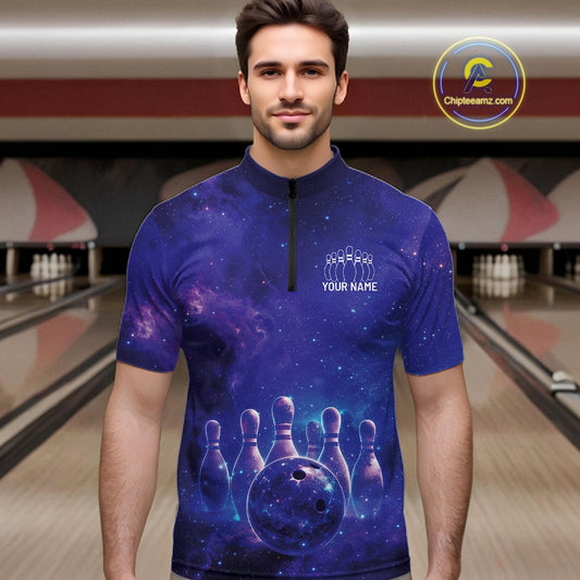 Custom Purple And Blue Galaxy Bowling Team Shirts For Men, Sparkling Sky Bowling Jerseys IPHW10530