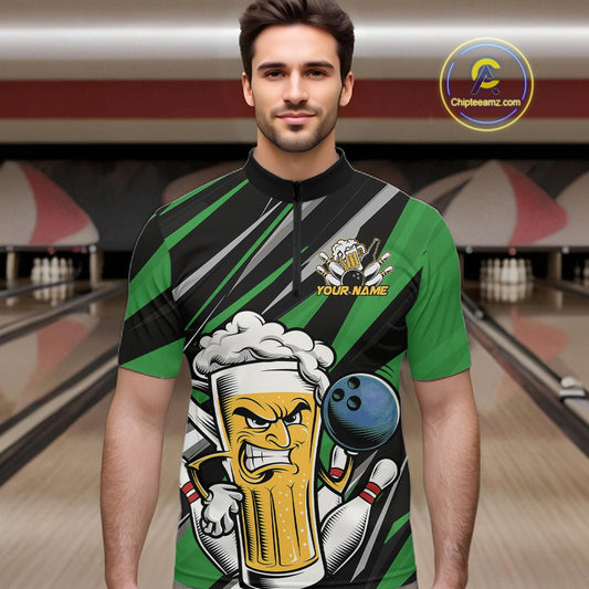 Custom Funny Green Bowling Jerseys Bowling And Beer Men Quarter-Zip Shirts, Bowling Jerseys IPHW10534
