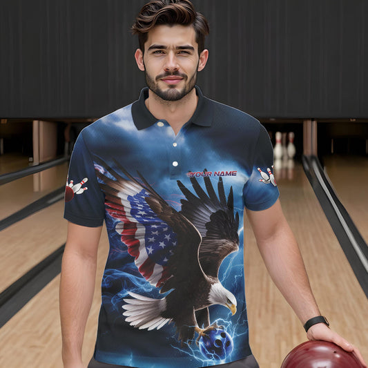 Custom Blue Lightning Patrotic Eagle Bowling Men Polo Shirt, US Flag Bowling Team Shirt IPHW8938