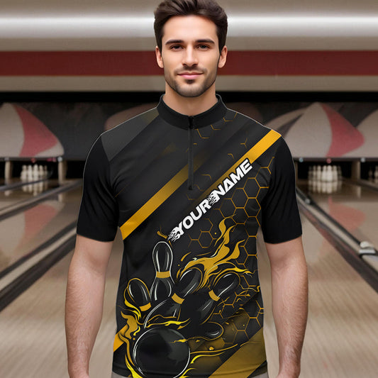Custom Black And Yellow Flame Duckpin Bowling Quarter-Zip Shirt For Men, Bowling Team League Shirt IPHW8948