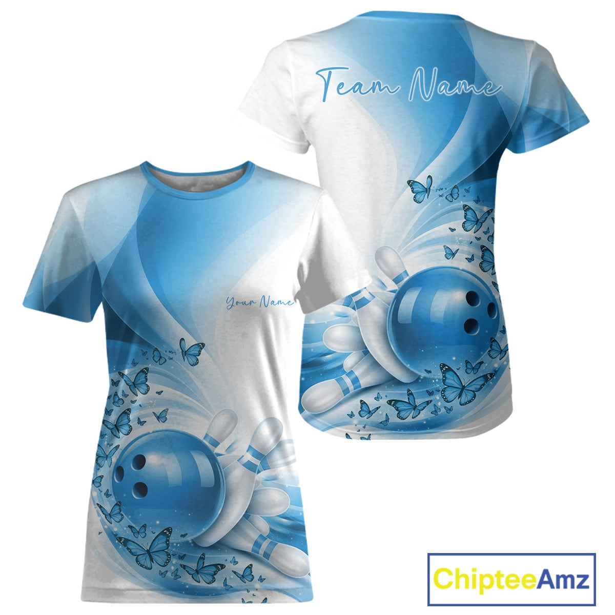 White and blue sports jersey with butterfly bowling design
