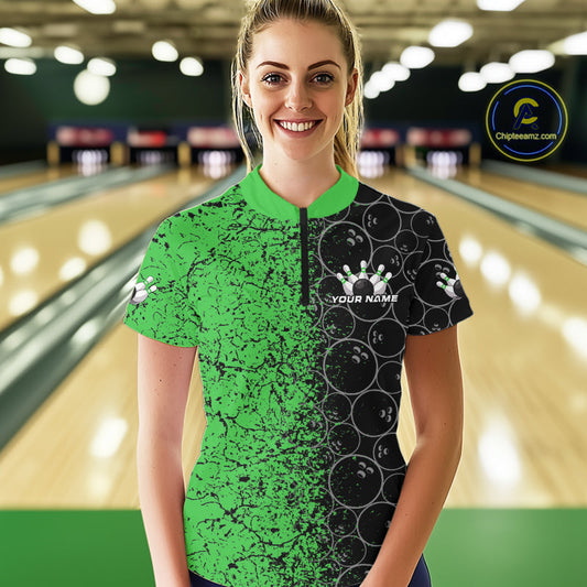 Custom Black And Green Splatter Bowling Ball Pattern Bowling Team Women Quarter-Zip Shirt IPHW9792