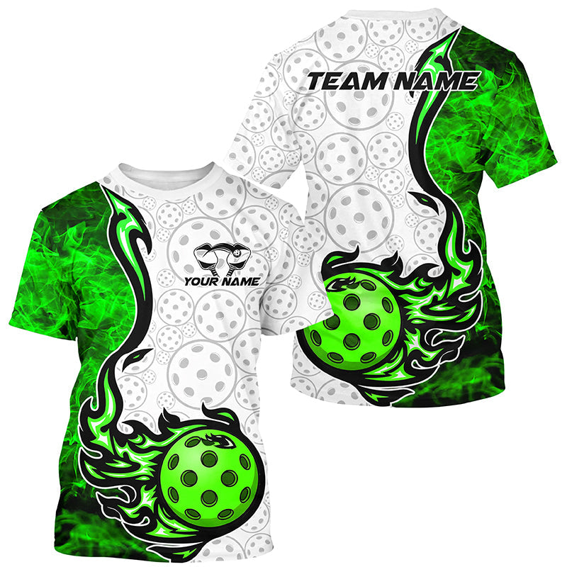 Green Flame Pickleball Ball Custom T-Shirts For Men, Fire Pickleball Outfits Pickleball Apparel IPHW7765