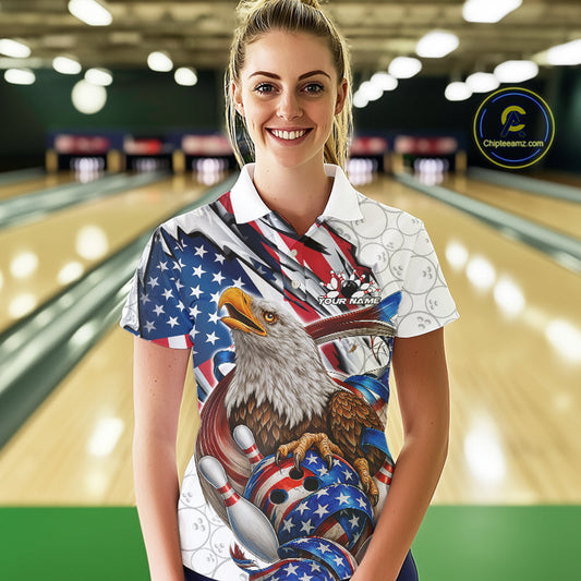 Custom Patriotic US Flag Eagle Bowling Women Shirt, USA Bowling Team League Shirt IPHW10163