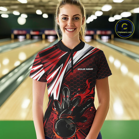 Custom Red Flame Bowling Jerseys For Women, Hexagon Bowling Team Tournament Shirt IPHW10556