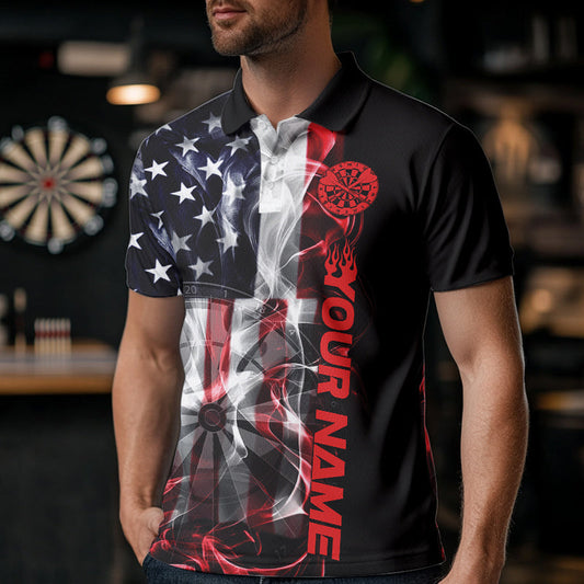 Custom Ameircan Flag Flame US Dart Polo Shirts For Men, Patriotic Dart Team Shirt IPHW8510
