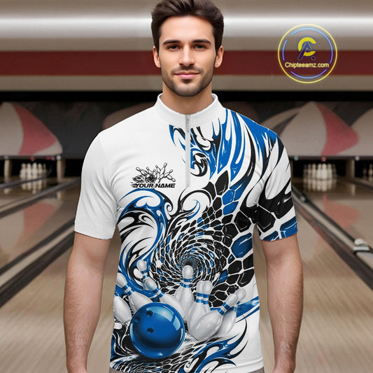 White bowling quarter-zip shirt on a male model, showcasing blue and black tribal motifs and a glossy blue bowling strike design